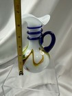 Art Glass Vase Pitcher Hand Blown White Applied Blue Handle Swirl 6 5    Tall