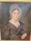 Antique 19th Century Portrait Oil Painting Woman Frilly Bonnet Wedding Band