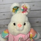 Vintage Plush Bunny Rabbit Doll 14  Pastel Rainbow Dress Gingham Bow Easter Toy