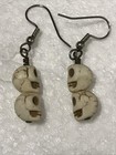 Skull Dangle Pierced Earrings Two Stacked Heads Punk Goth Halloween