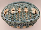 Vtg Wicker Woven Sewing Basket W floral Quilted Lining Blue-green Made In Japan