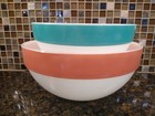 Fire King Colonial Band Turquoise And Pink Mixing Bowls In Euc