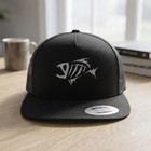 Fish Skeleton Logo Embroidered Trucker Hat Black Snapback Flat Brim Cap
