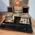 Vintage Black Glass Footed Inkwell Stand With Glass Inkwells And Brass Detail