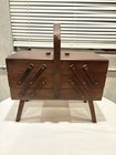 Vintage Mid-century Wooden Accordion Sewing Box On Legs - Cantilever Craft Caddy
