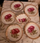 Lovely Antique Hand Painted Rose Dessert Plates W  Gold Gilt Trim  6 Piece Set