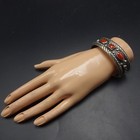 Old Heavy Gauge Chisel Stamped Sterling Silver Coral Cuff Bracelet 60g
