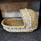 Baby Doll Moses Wicker  Basket Bassinet 19   x 15    Blue Plaid Ribbon