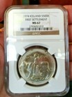 Ms 67-ngc-1974 Iceland First Settlement  Silver 500 Kronor Coin -toned-free Ship