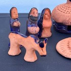 Blue Glaze Terrracota Mexican Nativity Set Folk Art Hand Painted Pottery 11 Pcs