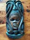 Mid 20th Century Kenyan Wooden Woman With Snake Head Dress Mask Wall Hanging