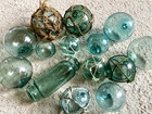 Rare Set Of 14 Japanese Antique Glass Floats     Hand-blown     Mixed Sizes     Marked