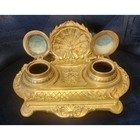 Ant  Brass Double Inkwell Rococo Victorian Ornate Shell N Scroll Design Marked