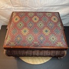 Vintage Wooden Sewing Box With A Tapestry Lid- Rattan Base-bombay Style