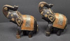 2 Vintage Hand Carved Wood Elephants Statue Brass copper Inlay 1950s India
