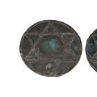 Antique Star Of David Stained Glass Roundels Pair Blue Green Patina Jewish