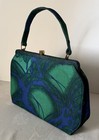 Vintage Top Handle Bag 1950s-60s Blue green Abstract Print Fabric