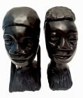 Vintage African Hand Carved Ebony Wood Bust Sculptures Head Set Of 2  details 