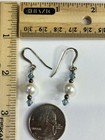 Sterling Silver Hook Dangle Earrings White Imitation Pearl And Blue Glass Beads