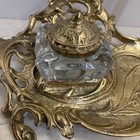 Vtg Art Nouveau Style Ornate Embossed Brass Pen Holder   Glass Inkwell With Lid