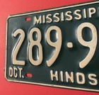 1952 Mississippi License Plate 289 967 Hinds County Jackson Clinton Terry Byram