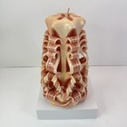 Vtg Hand Carved Ribbon Wax Pillar Artisan Candle Coral Red 70s Boho Retro