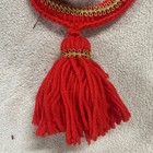 Vintage 1970s Red Macrame Silk Ornaments Holly Berries Christmas Wall Hanging