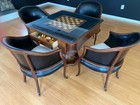 Elegant Antique Inlaid Chess Table And Black   White Leather Studded Chairs