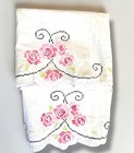 2 Pair Vintage Cross Stitch Pillow Cases Floral Roses Pink White Standard