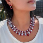 Red Water Drop Cz Wide Tennis Necklace Earrings Silver Plated Bridal Jewelry Set