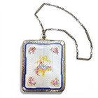 Vintage Rck Rose Floral Basket Bow Enamel Guilloche Wrist Chain Case Compact