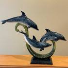 Blue Dolphin Family Statue Green Wave Figurine Resin Sculpture Ocean Decor 10 75