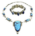 1950s Iguala Blue Glass Mask In Sterling Silver Necklace   Bracelet Set Mexico