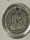 1857 Seated Liberty Silver Quarter Dollar Antique Rare Date Philadelphia Holed