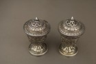 Antique Indian Kutch Bhuj Silver Repousse Salt   Pepper Shakers Set 19th Century