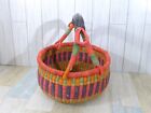 Bolga Market Basket With Leather Wrap Handle Multi Color Pre-owned