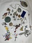 Vintage Religious Lot Crosses 1940   s Saint Medals Bracelet Rosary Ballou Popevi