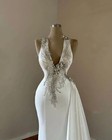 Luxury Mermaid Wedding Dresses V-neck Sleeveless Beaded Satin Bridal Gowns Train