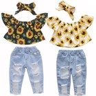 Toddler Kids Baby Girl Summer Clothes Sunflower Tops ripped Denim Pants Outfits