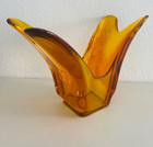 Vintage Mid Century Modern Amber Swung Glass Vase     Large Sculptural Finger Vase