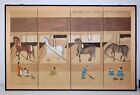 Antique Japanese Painted Screen Horse Stable W Cats   People Signed Calligraphy