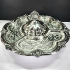 Vtg Victorian Silver Plated 17  Ornate Lazy Susan Pedestal Tray W  Glass Inserts