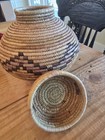 Vintage Wicker Storage Basket W  Lid Beige Brown Hand Woven Geometric Pattern