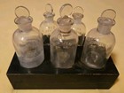 Set Of 5 Acid Medical Apothecary Vintage Glass Bottles W lids   Wooden Stand 