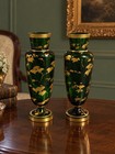 Antique 1800s Bohemian Glass Vases Pair Emerald Green Gold Gilt Portrait Set 2
