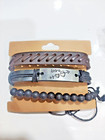 3pcs Leather Bracelet Mens Handmade Retro Twisted Multilayer Cuff Set Adjustable