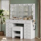 Makeup Vanity With Led Mirror  Charging Station  13 Drawers  Glass Top Desk