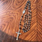 Vintage Matte Black Glass Bead Rosary Catholic Crucifix Religious