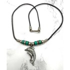 Dolphin Mama   Baby Pendant Necklace Turquoise Beads Silver Tone 16  Coastal