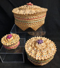 Set 3 Unique Woven Wicker Nesting Decorative Baskets Lids Vtg Mcm Storage 70   s